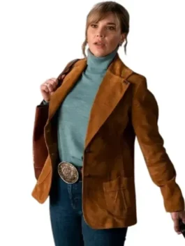 Front view of the tan suede Marshals Belle Skinner Tan Suede Blazer showcasing full length sleeves and sharp blazer tailoring.