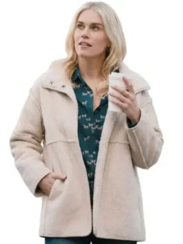 Close-up front view of the beige suede Marshals Dolly Weaver Beige Shearling Jacket detailing the fuzzy collar and button closure.
