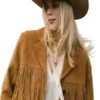 Rich brown suede Marshals Ellyn Jameson Brown Fringe Jacket featuring a classic lapel collar and front button closure.