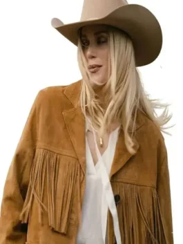 Rich brown suede Marshals Ellyn Jameson Brown Fringe Jacket featuring a classic lapel collar and front button closure.