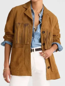 Front profile of the brown suede Marshals Ellyn Jameson Brown Fringe Jacket detailing the fringe trim and full length sleeves.
