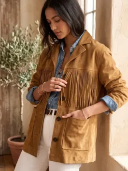 Full front view of the brown suede Marshals Ellyn Jameson Brown Fringe Jacket highlighting three utility pockets.