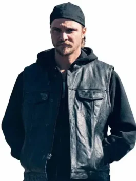 Full front profile of the black real leather Marshals Luke Grimes Black Leather Vest highlighting six spacious storage pockets.