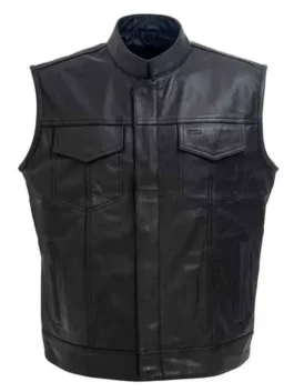 Close-up front view of the black leather Marshals Luke Grimes Black Leather Vest detailing the erect collar and dual front closure.