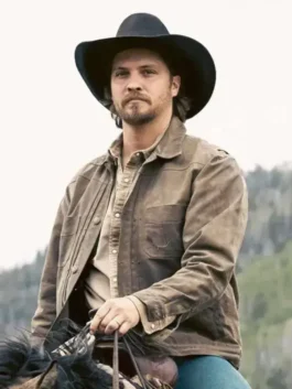 Front view of the brown cotton Marshals Luke Grimes Cotton Jacket showcasing full length sleeves and clean stitching.