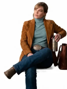 Full front view of the tan suede Marshals Belle Skinner Tan Suede Blazer highlighting four spacious utility pockets.