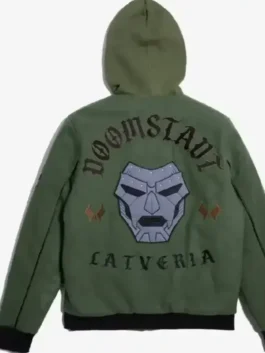 Back view of the green fleece Marvel Doctor Doom Green Hooded Jacket showing clean stitching and spacious hood.