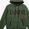 Close-up front profile of the green fleece Marvel Doctor Doom Green Hooded Jacket detailing the zipper closure and attached hood.
