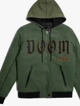Close-up front profile of the green fleece Marvel Doctor Doom Green Hooded Jacket detailing the zipper closure and attached hood.