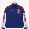 Close-up of the multicolor cotton Marvel SpiderMan x Umbro Warm Up Jacket detailing the stand up collar and zipper.