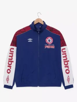 Close-up of the multicolor cotton Marvel SpiderMan x Umbro Warm Up Jacket detailing the stand up collar and zipper.
