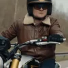 Brown real leather Matchbox the Movie Arturo Castro Leather Jacket highlighting four functional storage pockets.