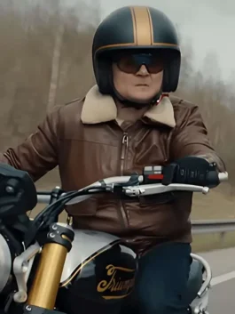 Brown real leather Matchbox the Movie Arturo Castro Leather Jacket highlighting four functional storage pockets.