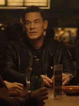 Black real leather Matchbox the Movie John Cena Leather Jacket showcasing full length sleeves and a tailored fit.