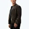 Close-up of the black real leather Matchbox the Movie John Cena Leather Jacket detailing the erect collar and zipper closure.