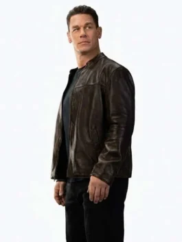 Close-up of the black real leather Matchbox the Movie John Cena Leather Jacket detailing the erect collar and zipper closure.