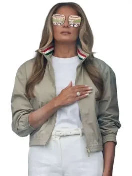 Front view of the beige cotton Melania Trump World Cup Final Jacket highlighting the zip front and minimalist design.