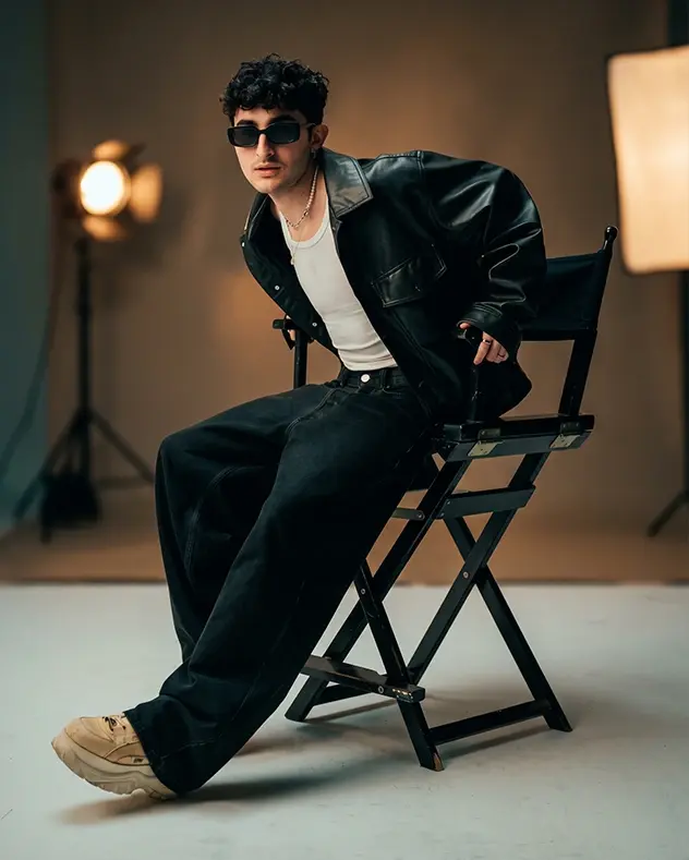 Man wearing a black leather jacket