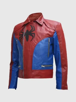 Red and blue Mens Red and Blue SpiderMan Leather Jacket celebrating the iconic Spider-Man character through bold biker leather style