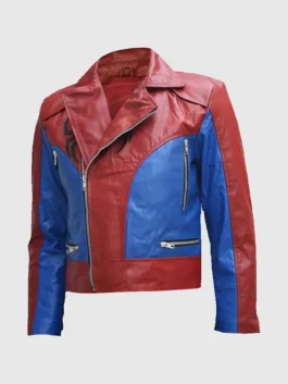 Front view of the red and blue Mens Red and Blue SpiderMan Leather Jacket putting the full Spider-Man biker leather design on bold display