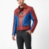 Model view of the red and blue Mens Red and Blue SpiderMan Leather Jacket showcasing the full fit of this iconic Spider-Man biker leather piece