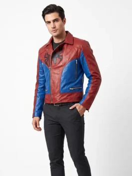 Model view of the red and blue Mens Red and Blue SpiderMan Leather Jacket showcasing the full fit of this iconic Spider-Man biker leather piece