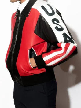 Model wearing the Mens Vintage North Beach Leather USA Jacket made of real leather with a front zipper.