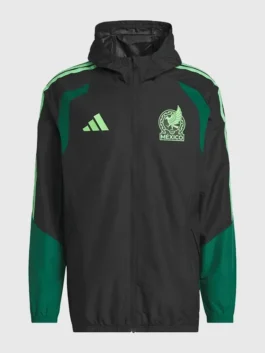 Front view of the black Mexico 26 Tiro All Weather Jacket putting the full Mexico 2026 World Cup identity on bold display