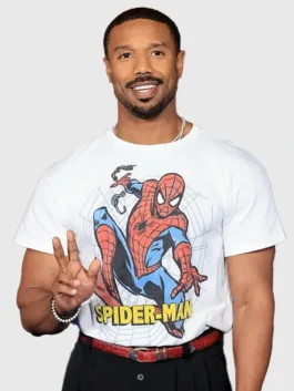 White polyester Michael B Jordan SpiderMan Premiere T-Shirt showcasing half length sleeves and clean stitching.
