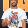 White polyester Michael B Jordan SpiderMan Premiere T-Shirt featuring a round neck collar and pullover style.
