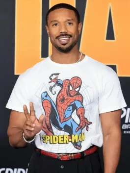 White polyester Michael B Jordan SpiderMan Premiere T-Shirt featuring a round neck collar and pullover style.