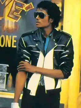 Black and white Michael Jackson Pepsi Ad Leather Jacket celebrating the King of Pop's legendary partnership with Pepsi in pop culture history
