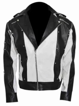 Front view of the black and white Michael Jackson Pepsi Ad Leather Jacket putting the full iconic Pepsi era King of Pop design on bold display