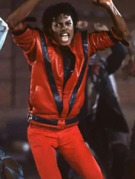 Front view of the red Michael Jackson Thriller Leather Jacket putting the full iconic Thriller era King of Pop design on bold display