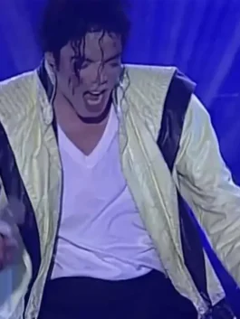 Front view of the white Michael Jackson Thriller Leather Jacket putting the full King of Pop Thriller era iconic design on bold display