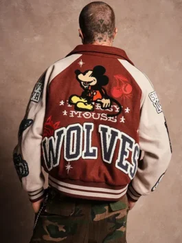 Close-up of the maroon wool Mickey Mouse Wolves Club Rudy Maroon Letterman Jacket showcasing the rich maroon wool finish and rib knitted cuffs.