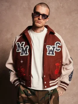 Maroon wool Mickey Mouse Wolves Club Rudy Maroon Letterman Jacket highlighting four functional storage pockets.