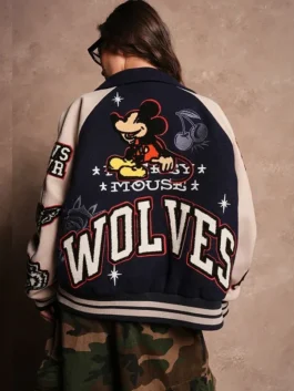 Navy wool Mickey Mouse Wolves Club Rudy Navy Letterman Jacket featuring a shirt style collar and snap tab button closure.