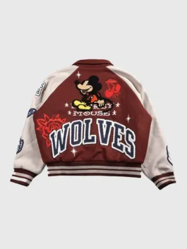 Back view of the maroon wool Mickey Mouse Wolves Club Rudy Maroon Letterman Jacket showing full length sleeves and ribbed cuffs.