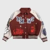 Front view of the maroon wool Mickey Mouse Wolves Club Rudy Maroon Letterman Jacket detailing the rib knitted collar and button closure.