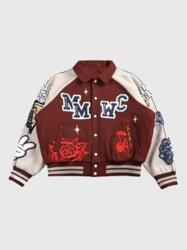 Front view of the maroon wool Mickey Mouse Wolves Club Rudy Maroon Letterman Jacket detailing the rib knitted collar and button closure.