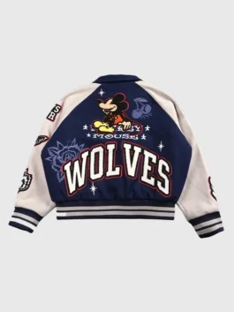 Close-up of the navy wool Mickey Mouse Wolves Club Rudy Navy Letterman Jacket showcasing full length sleeves and rib knitted cuffs.