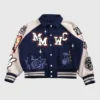 Front view of the navy wool Mickey Mouse Wolves Club Rudy Navy Letterman Jacket detailing the shirt collar and snap buttons.