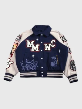 Front view of the navy wool Mickey Mouse Wolves Club Rudy Navy Letterman Jacket detailing the shirt collar and snap buttons.