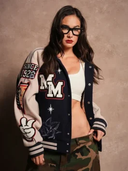 Navy wool Mickey Mouse Wolves Club Rudy Navy Letterman Jacket highlighting four functional storage pockets.