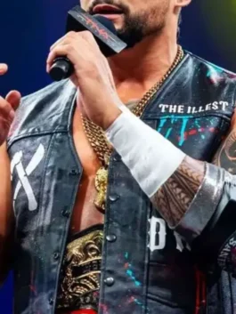 Mike Santana TNA Rebellion 2026 Black Leather Vest Closeup View