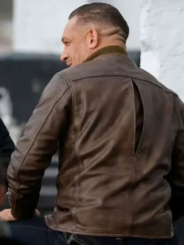 Brown real leather Mobland Tom Hardy Brown Leather Jacket showcasing full length sleeves and rib knitted cuffs.