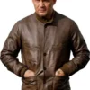 Front view of the brown real leather Mobland Tom Hardy Brown Leather Jacket detailing the rib knitted collar and button closure.