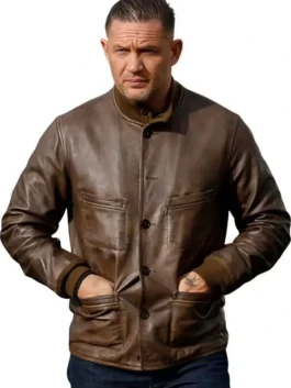 Front view of the brown real leather Mobland Tom Hardy Brown Leather Jacket detailing the rib knitted collar and button closure.