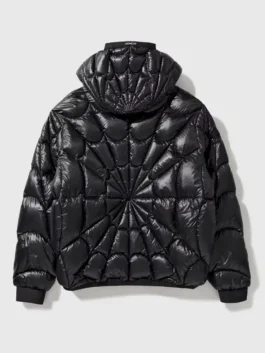 Back view of the black Moncler x Spiderman Padded Jacket revealing the full Spider-Man inspired design from the iconic Moncler x Marvel collaboration
